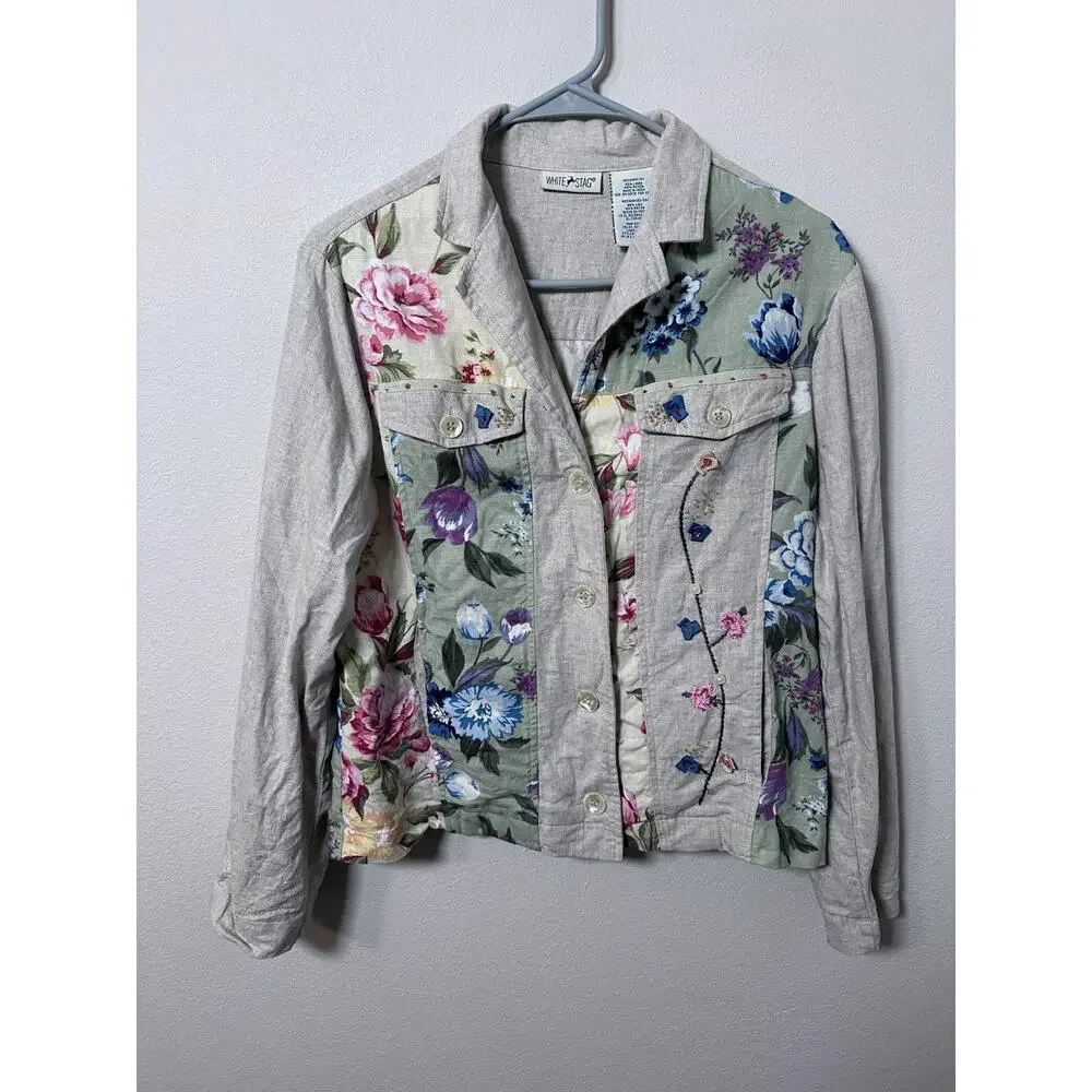 Vintage White Stag Blouse Shirt Women's M Linen Floral Cottage Country Core - Picture 1 of 6